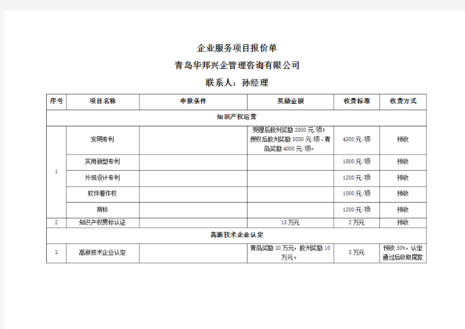 服务项目报价单