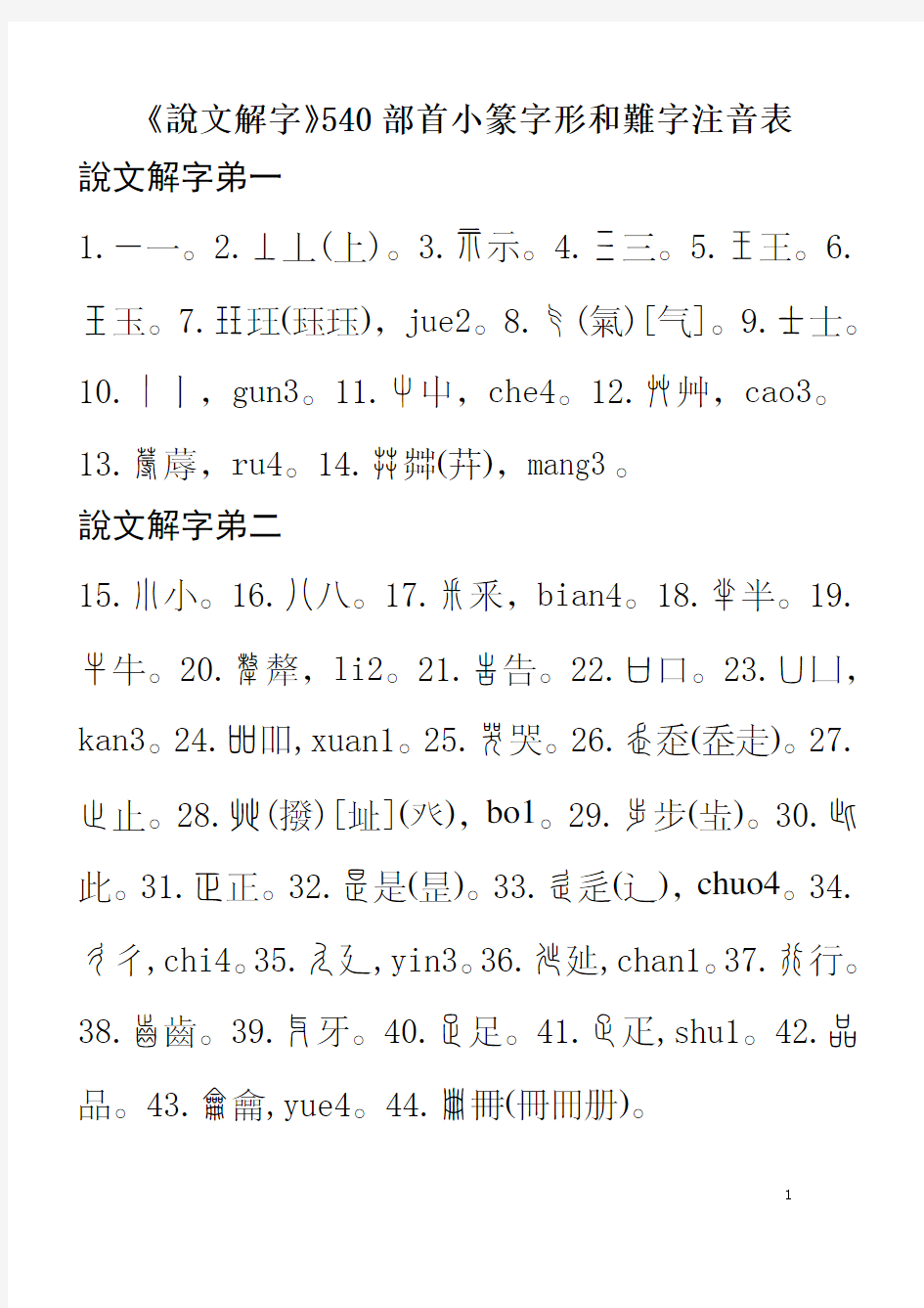 (参考资料)说文解字540部首表