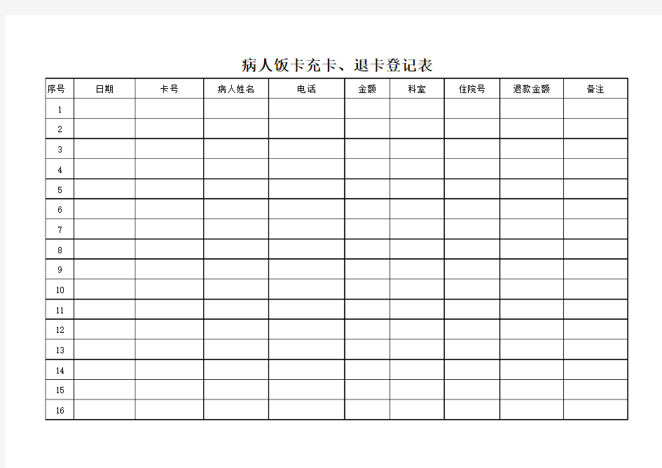 病人饭卡充卡退卡登记表