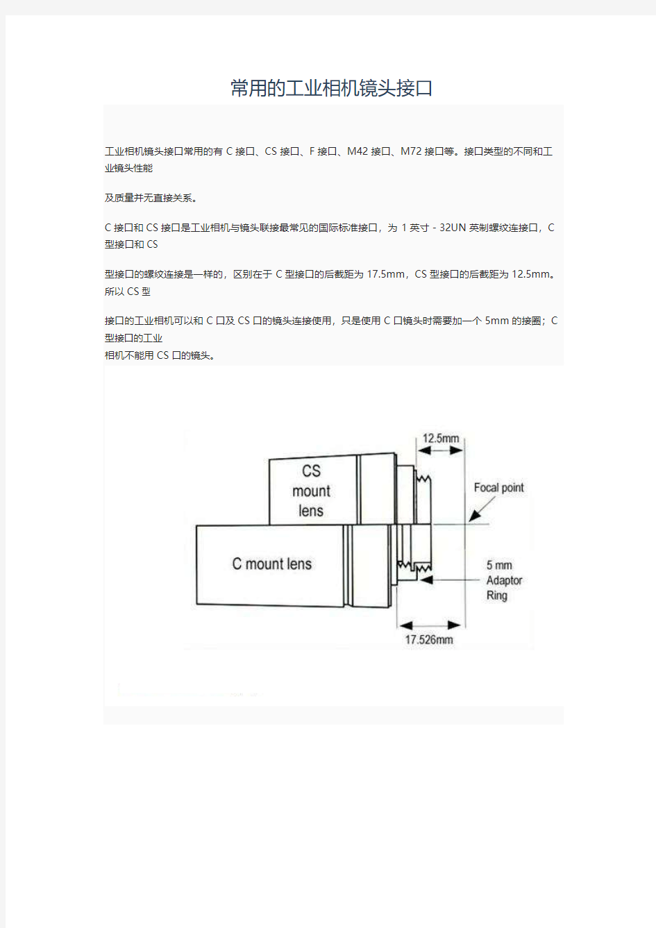 常用的工业相机镜头接口