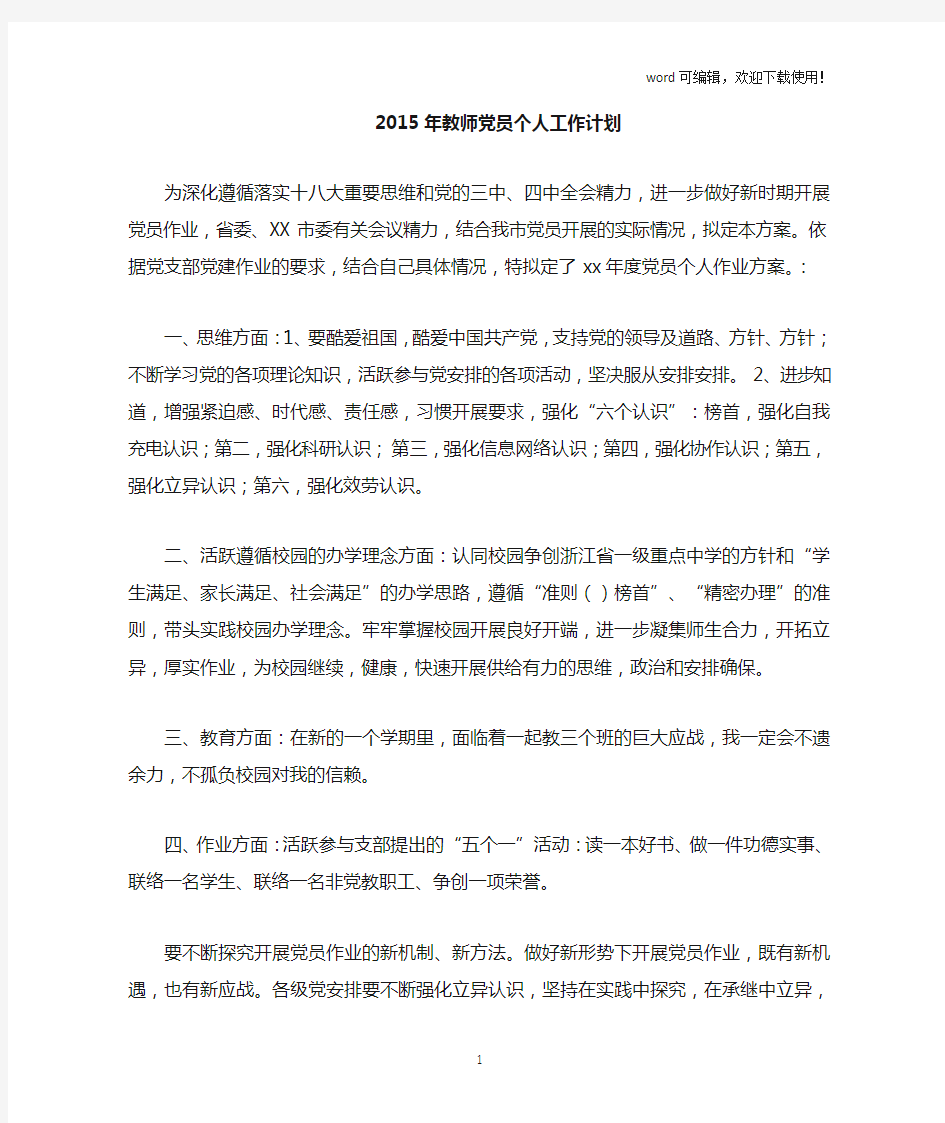 2019年教师党员个人工作计划