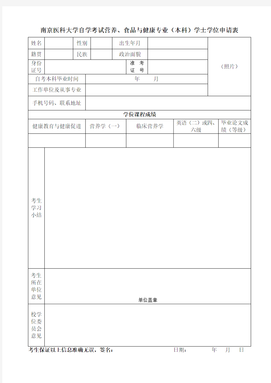 南京医科大学自学考试营养食品与健康专业本科学士学