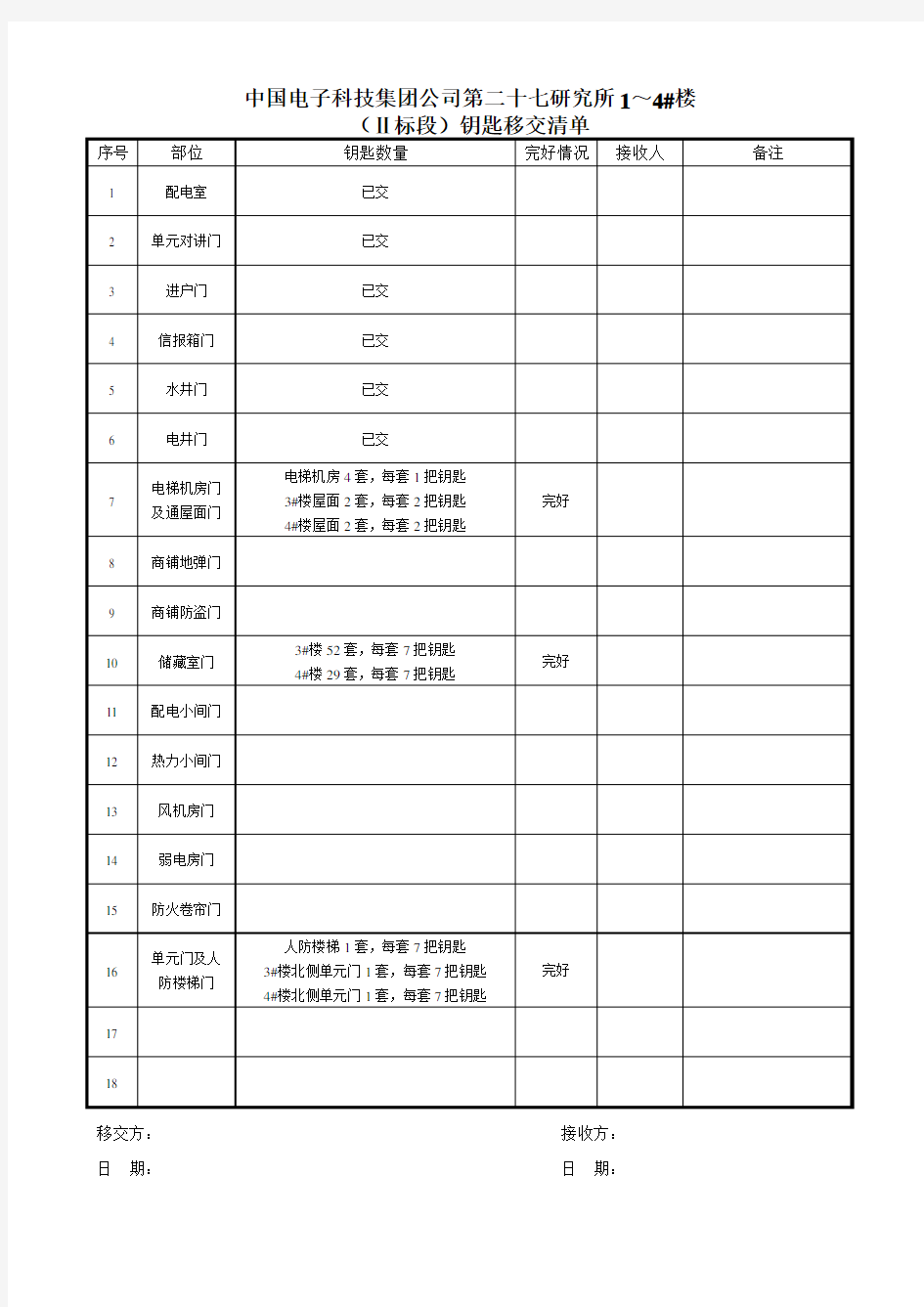 (完整版)钥匙移交清单