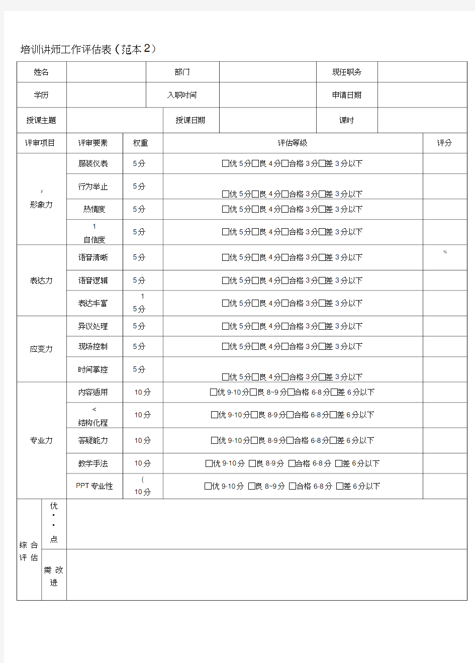 培训讲师工作评估表