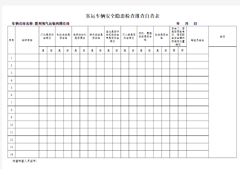 客运车辆安全隐患检查排查表