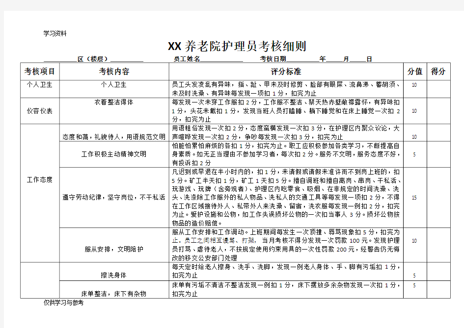 养老院护理员考核细则教学内容