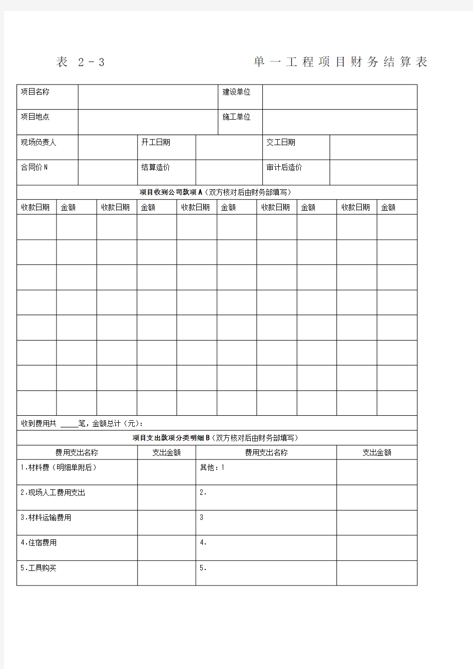 工程项目财务结算表