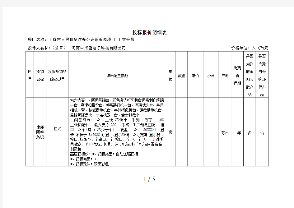 投标报价明细表