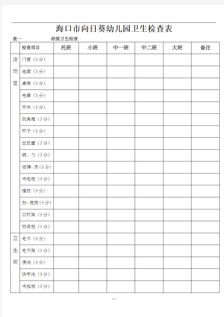 幼儿园卫生检查表