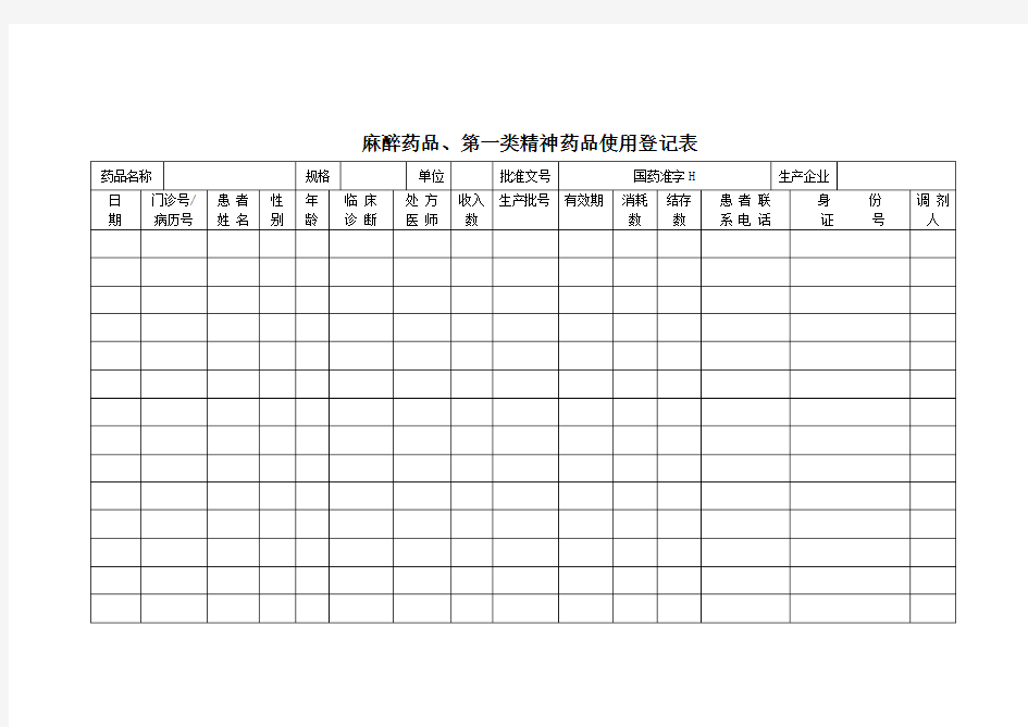 麻醉药品使用登记表