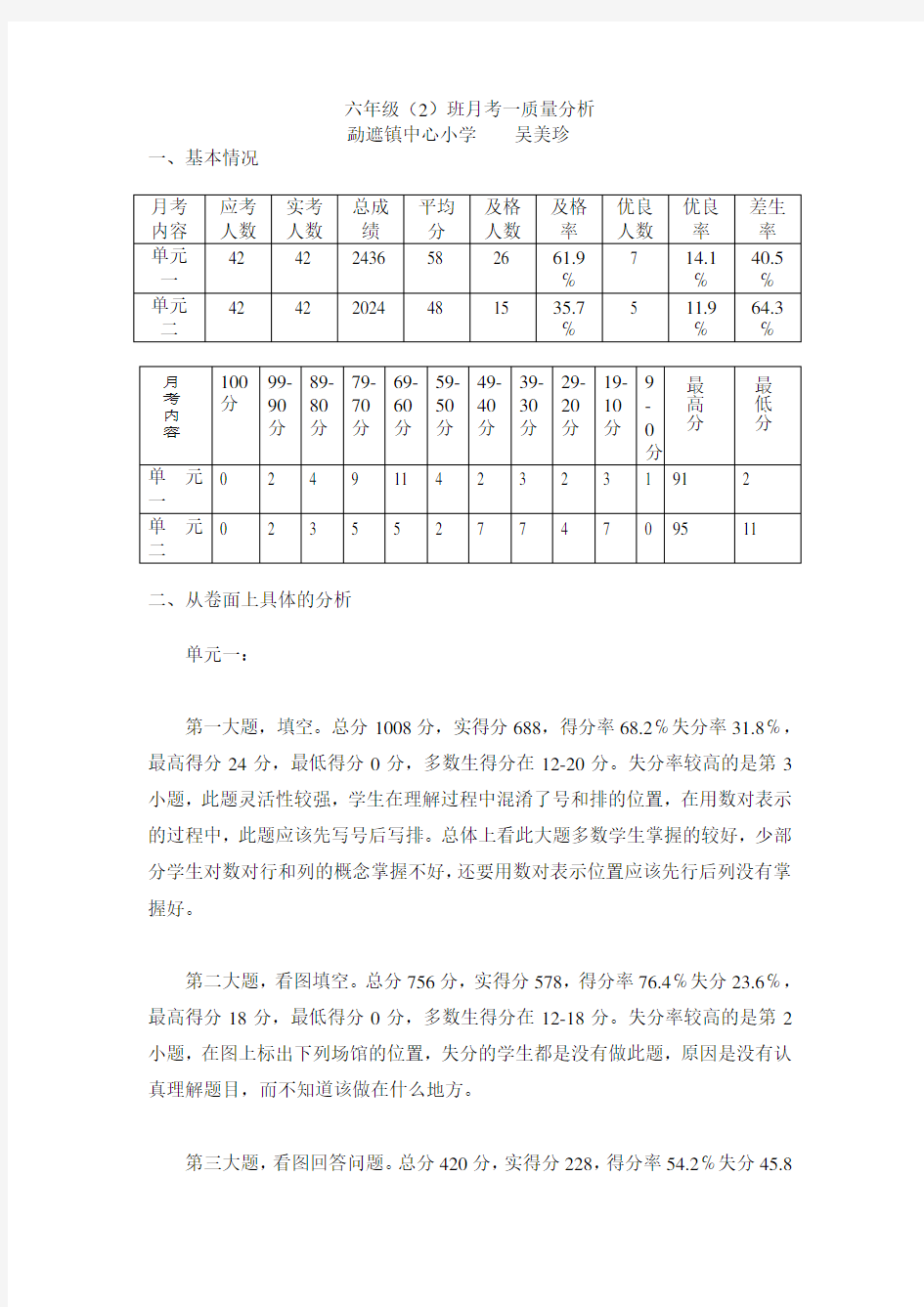 六年级数学上册第一二单元月考质量分析