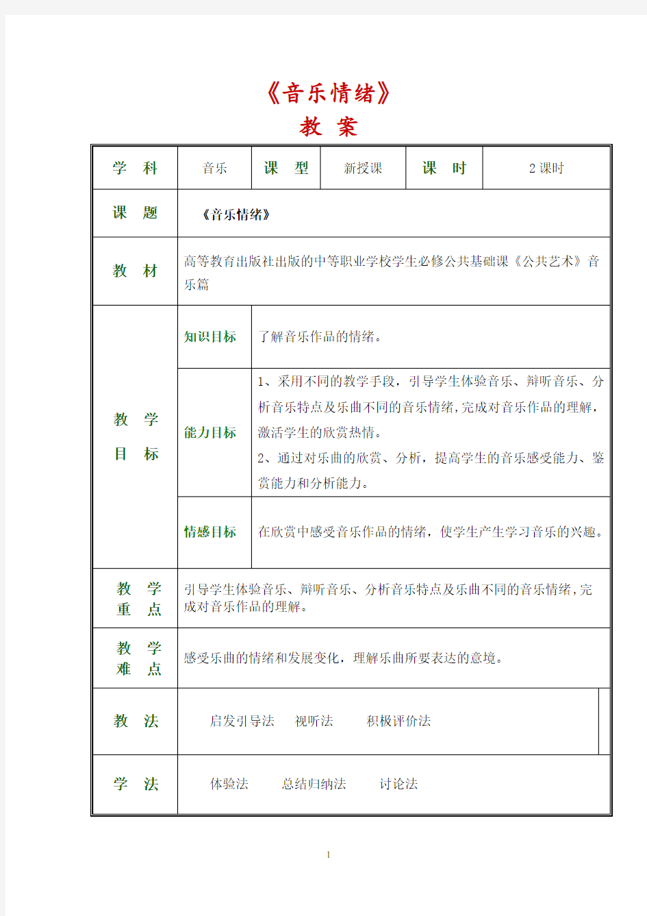 中职公共艺术第二节  音乐情绪