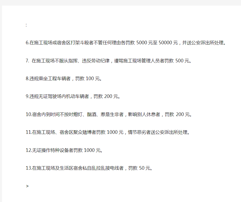 施工现场违反劳动纪律、操作规程处罚规定