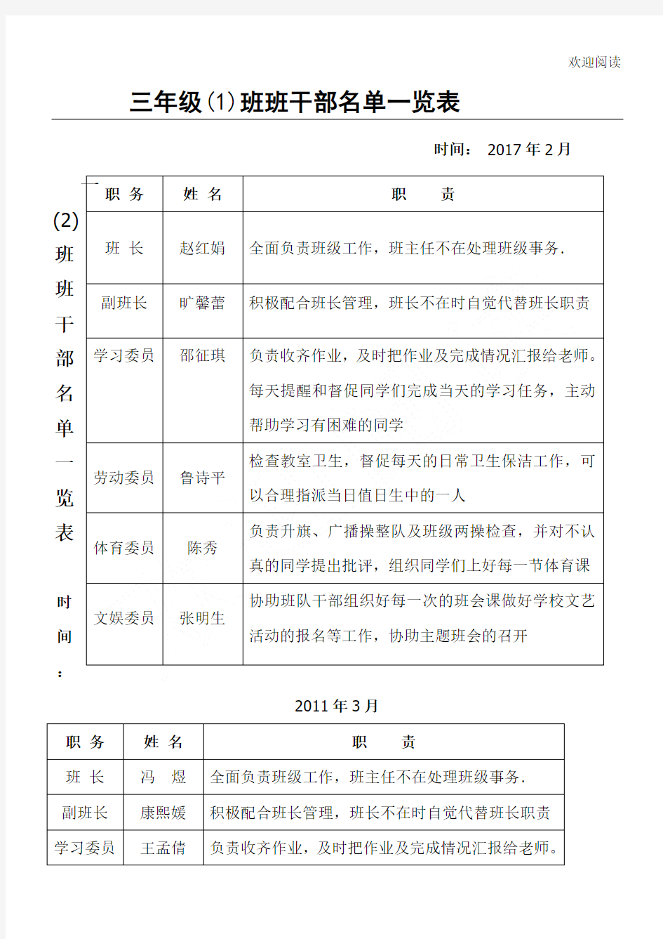 班干部名单一览表格模板