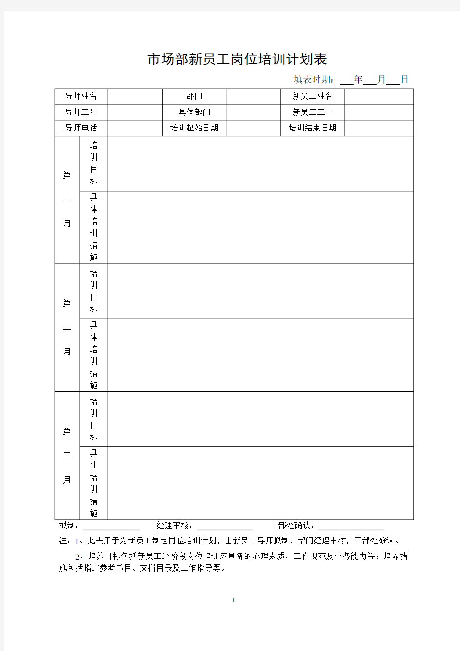 市场部新员工岗位培训计划表