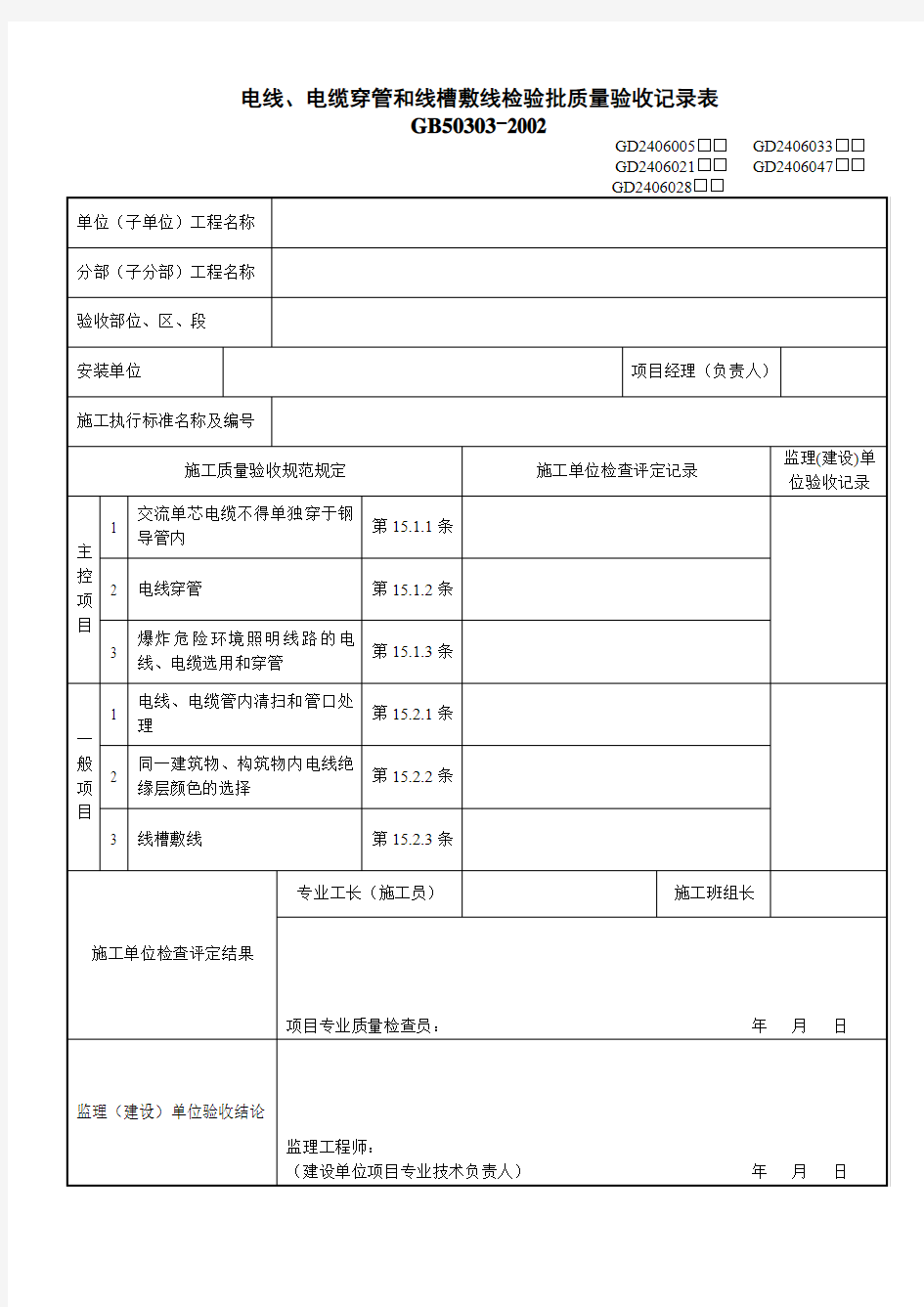 3、电线、电缆穿管和线槽敷线检验批质量验收记录表(GD2406033)