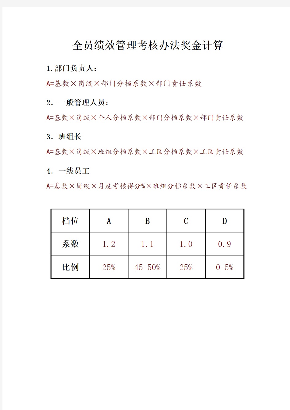 绩效考核计算公式