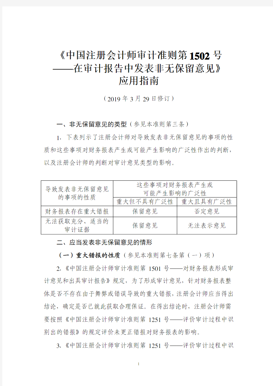 《中国注册会计师审计准则第 1502 号 ——在审计报告中发表非无保留意见》 应用指南