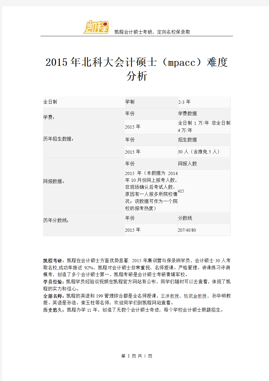 2015年北科大会计硕士(mpacc)难度分析