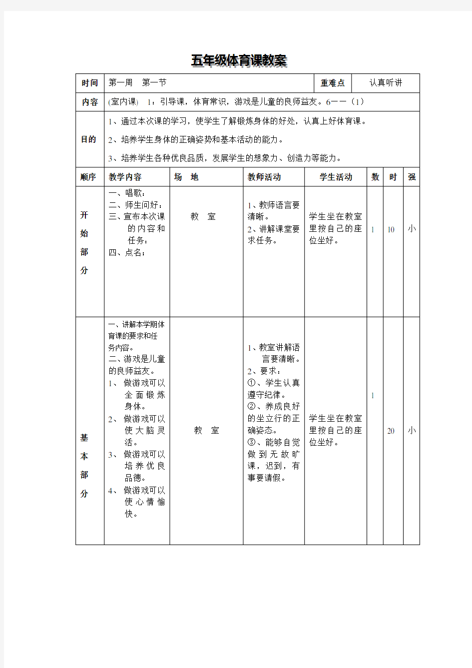 五年级体育教案 下册全集