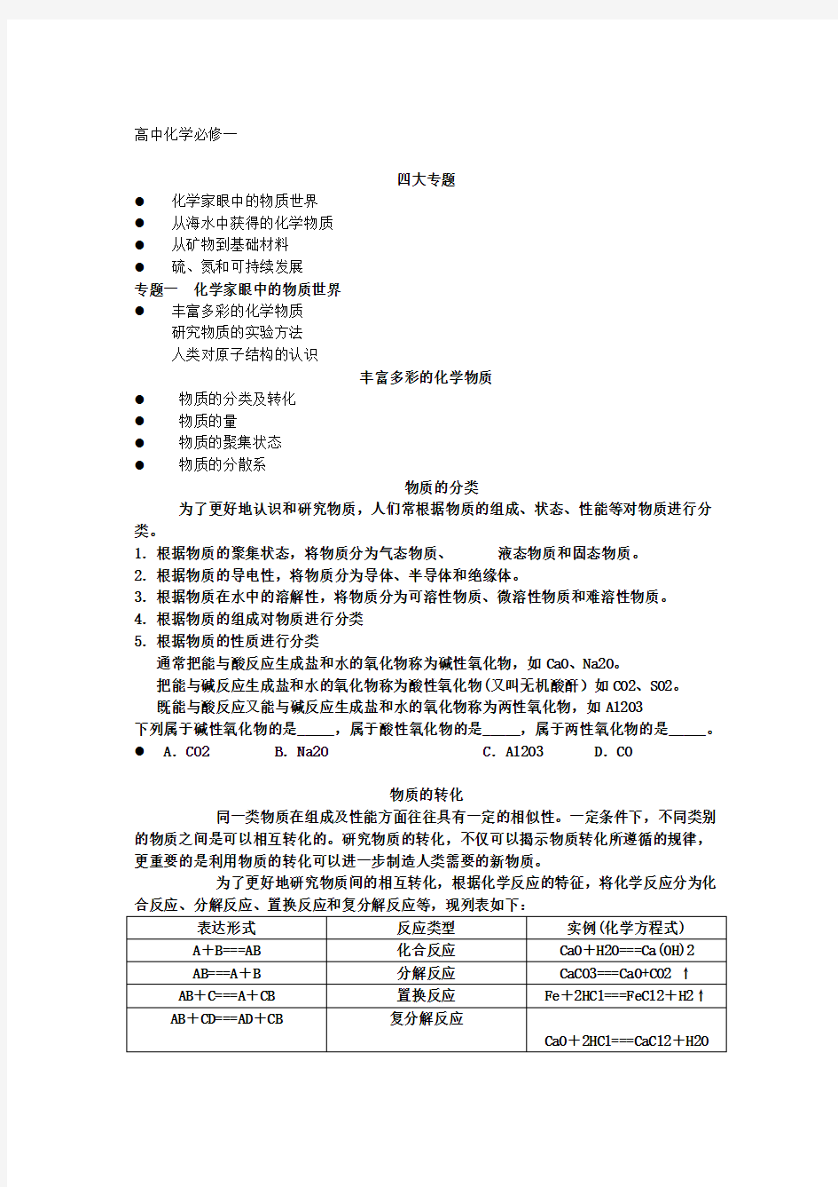 苏教版高中化学必修1知识点梳理