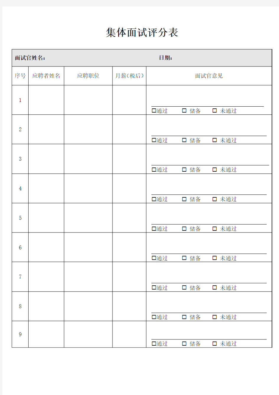 集体面试评分表