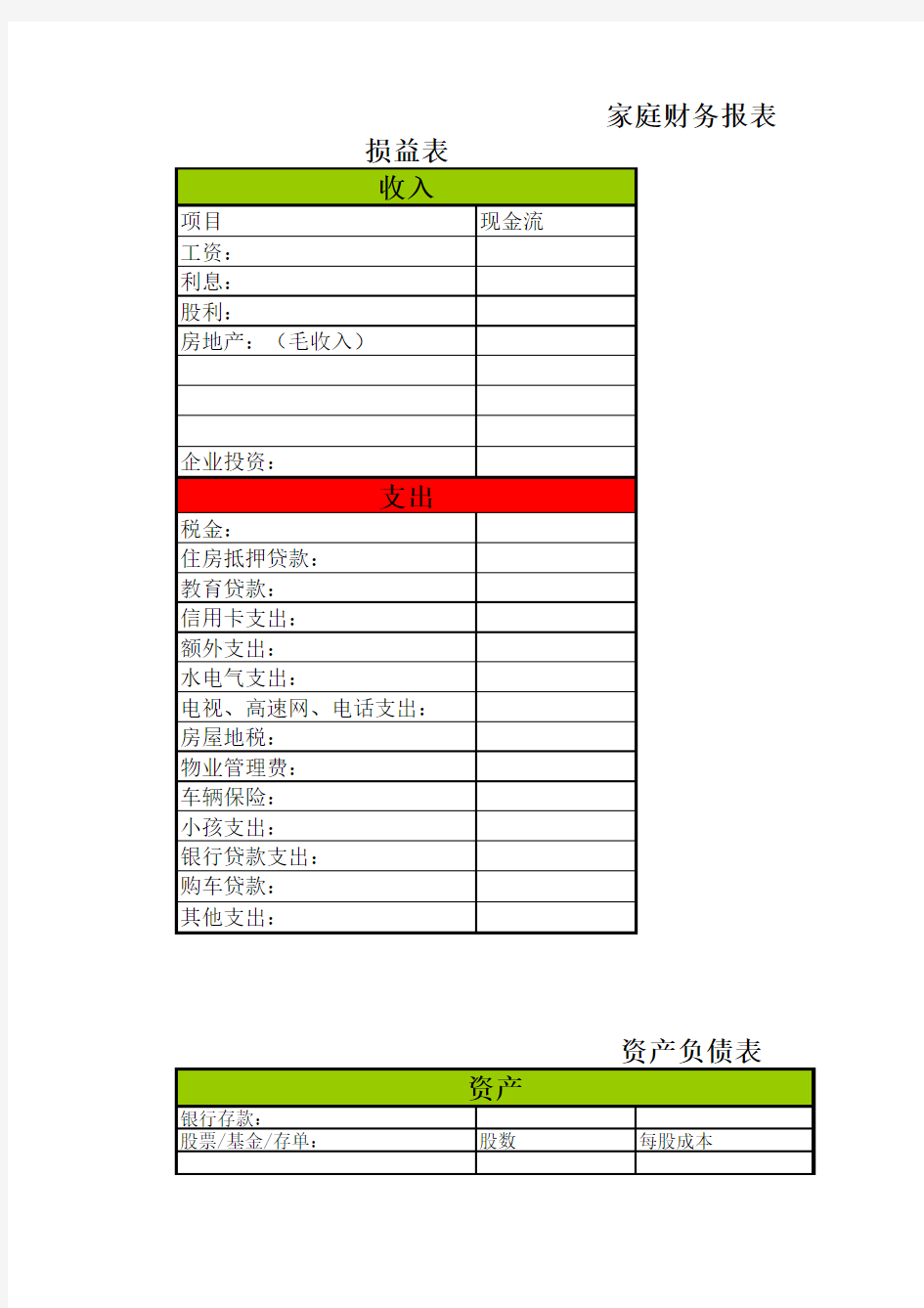 富爸爸：庭财务报表样板