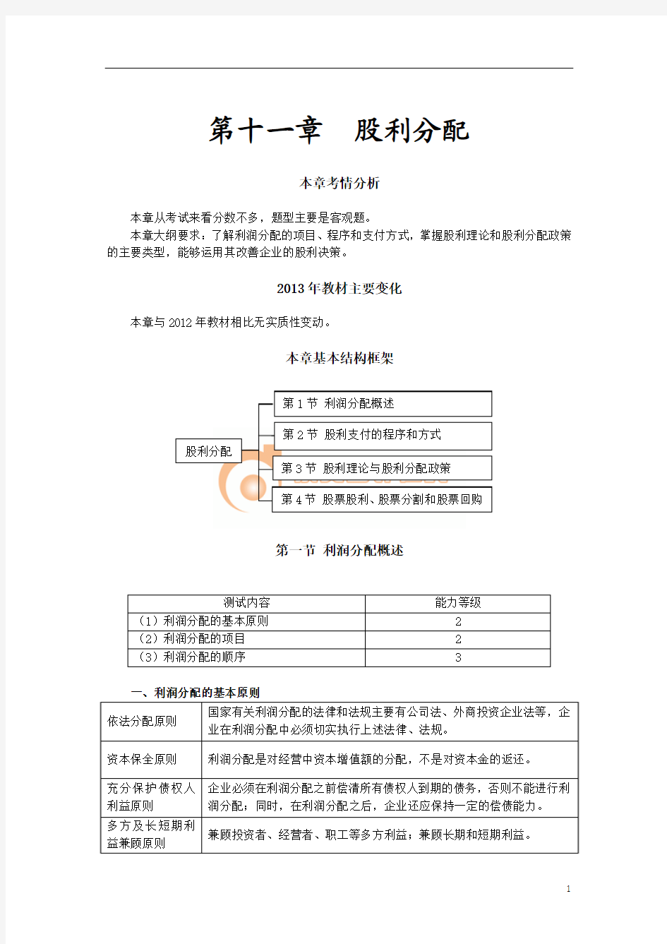 2013年注册会计师财务管理基础第十一章 股利分配(完整版)