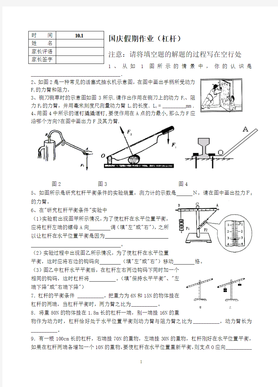 苏科版 国庆假期作业1杠杆与滑轮练习