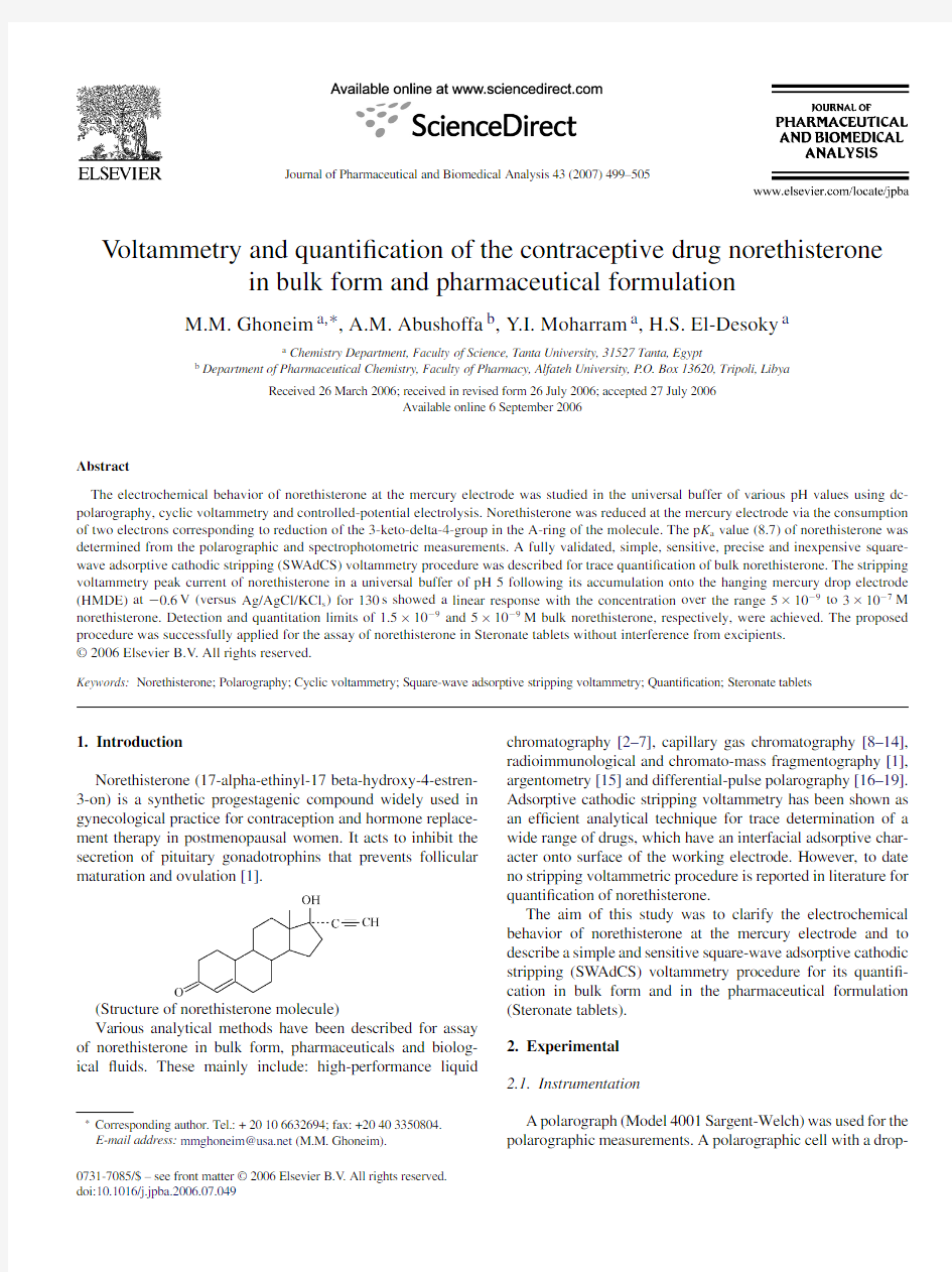 Voltammetry and quantification of the contraceptive drug norethisterone