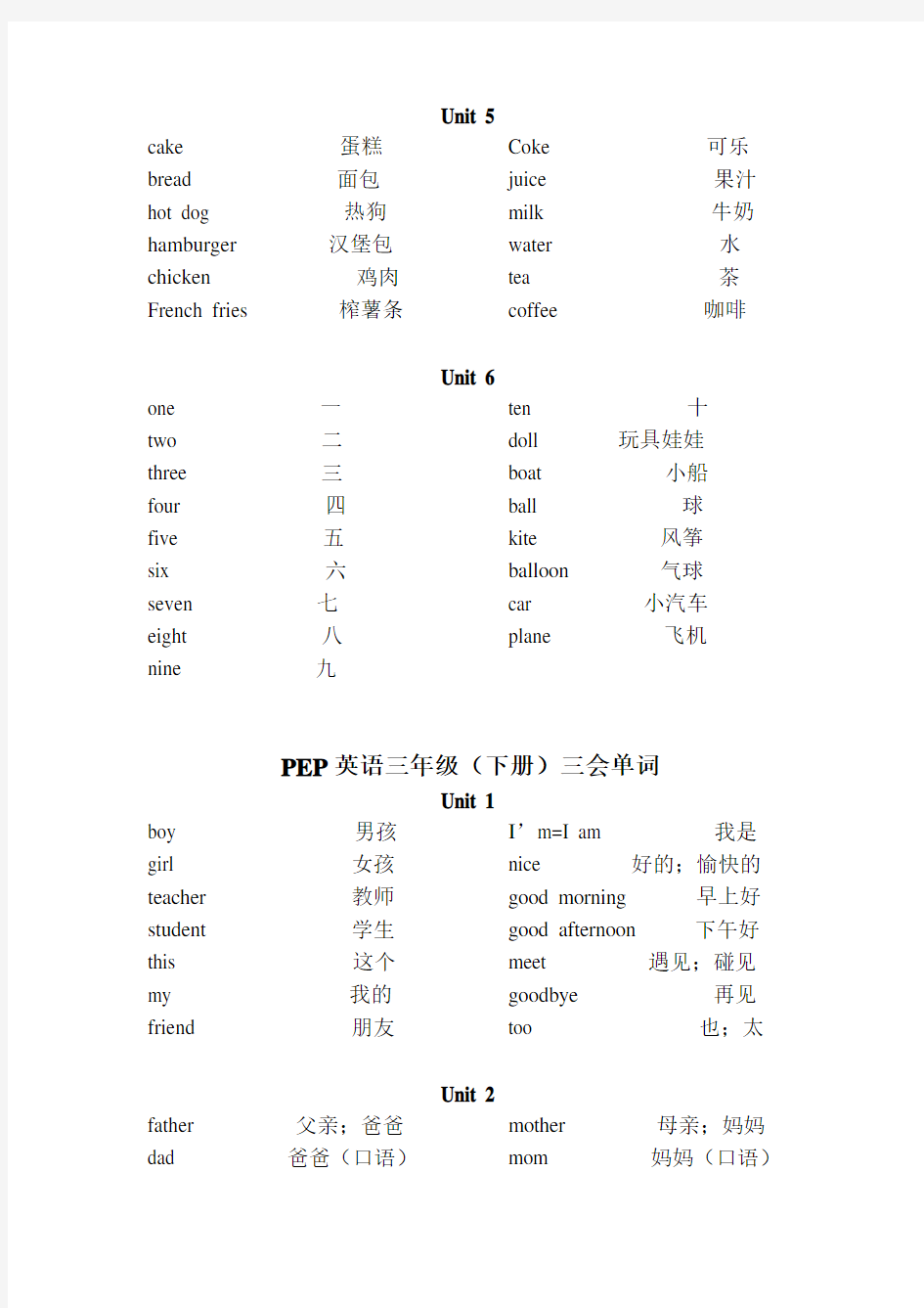 小学三四年级英语单词汇总