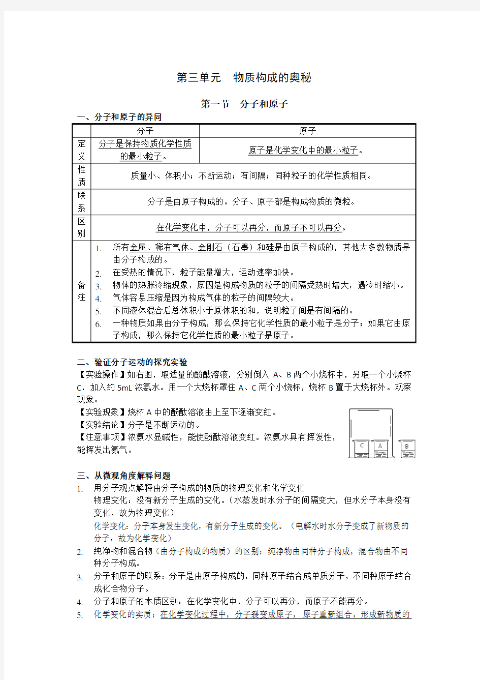 初中化学知识点归纳：第三单元+物质构成的奥秘