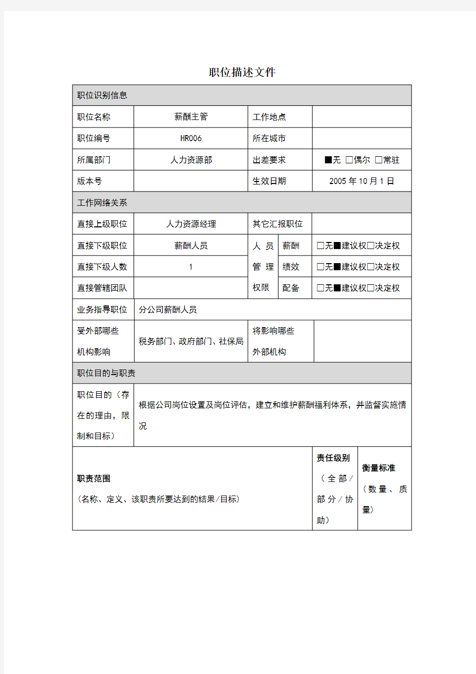 薪酬主管岗位说明书