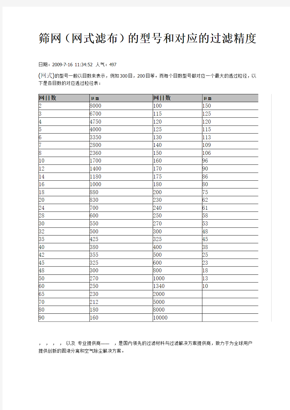 滤布孔径对应目数