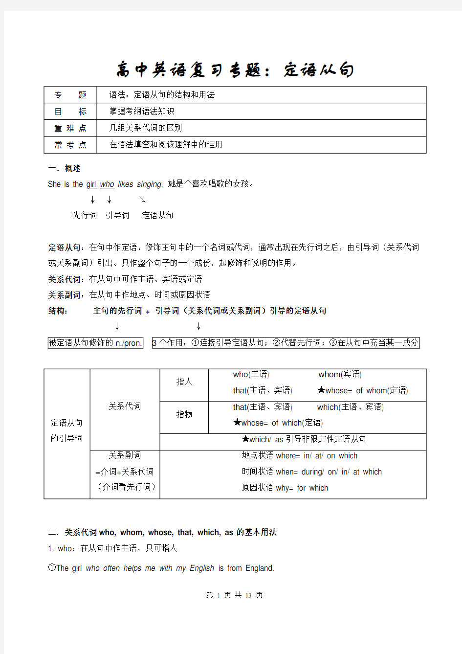 高中英语复习专题：定语从句(含知识要点,典型例题和解析)