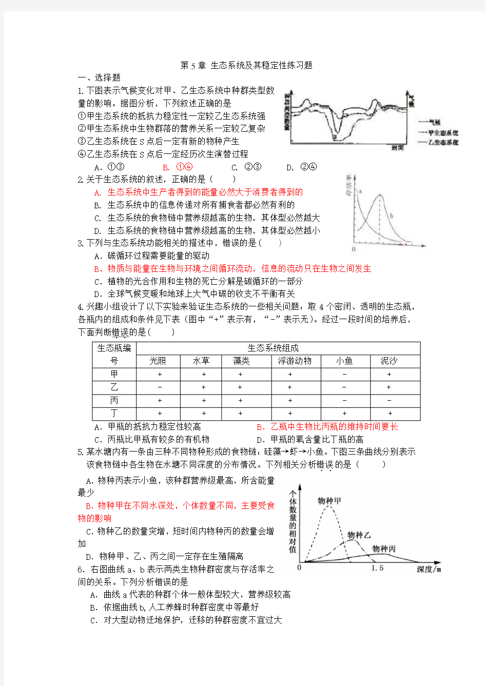 生态系统及其稳定性练习题生物科组