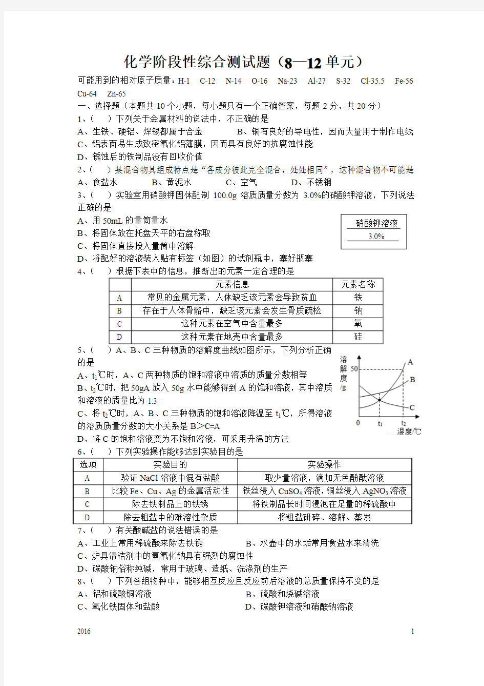 化学阶段性综合测试题(2016下册)