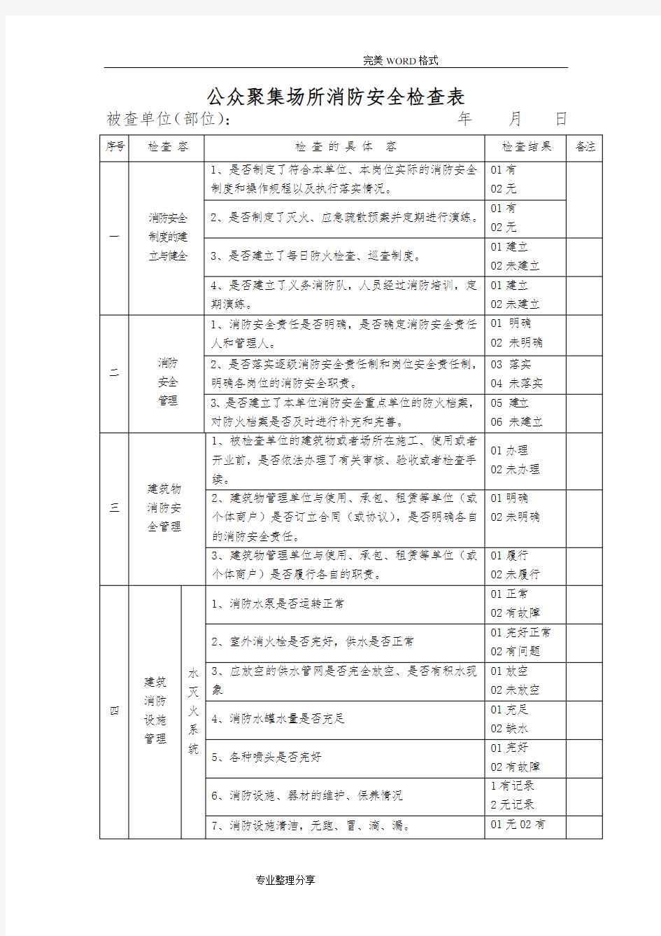 消防安全检查表