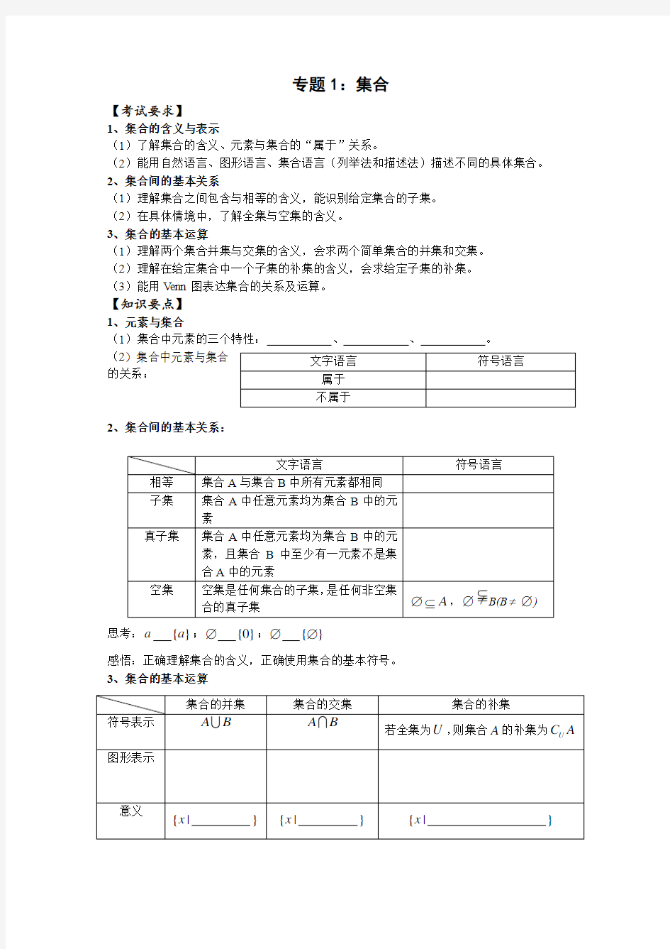 高考文科数学一轮复习专题 集合(学生版)