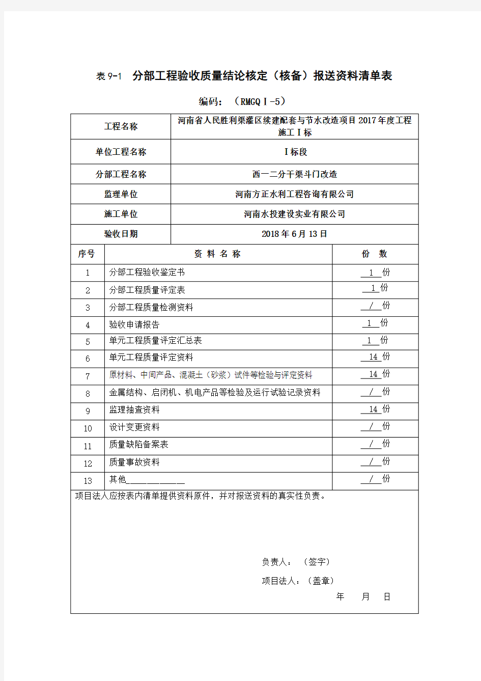 分部工程验收质量结论(核备)报送资料清单表