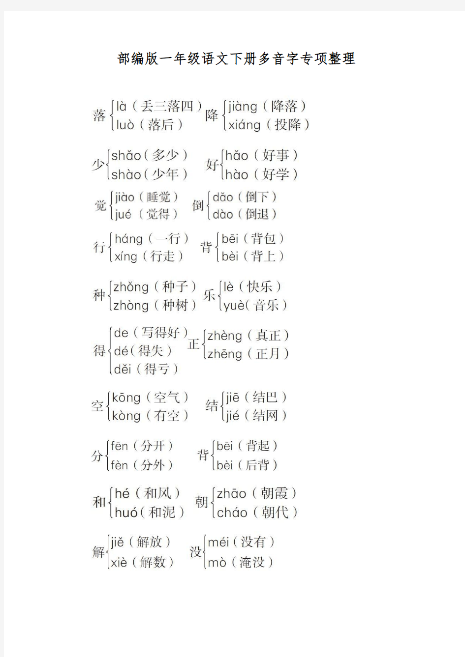 部编版一年级语文下册多音字专项整理