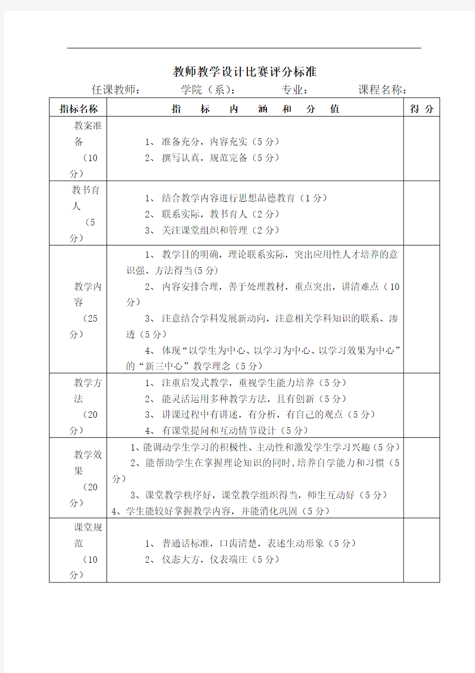 教师教学设计比赛评分标准