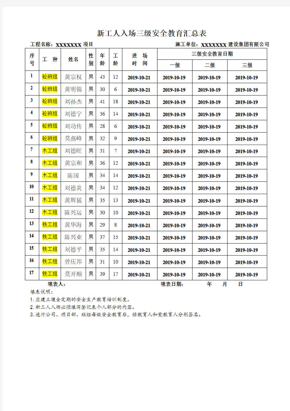 建筑三级安全教育表格大全 -(通用完整版)