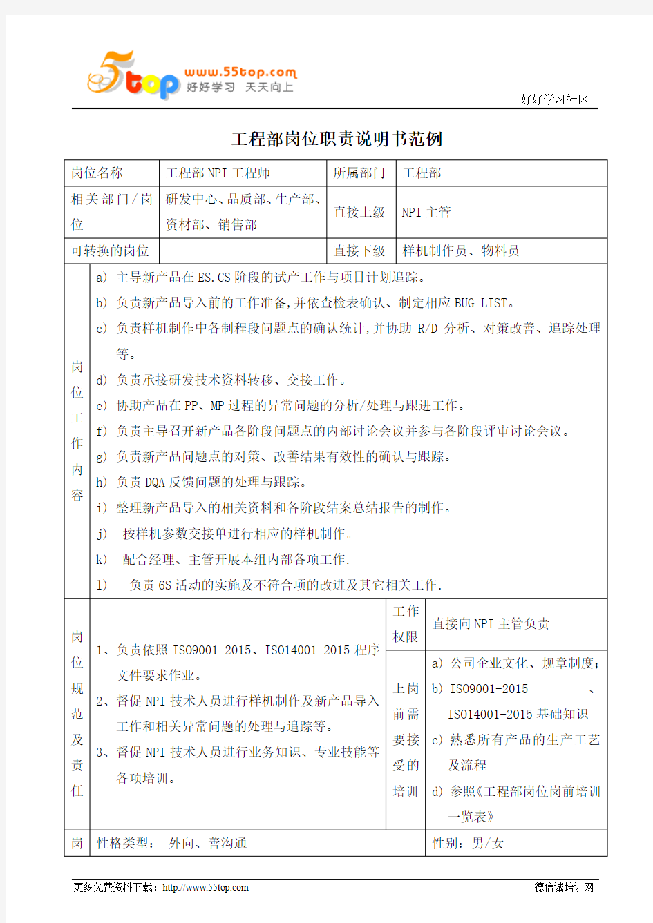 工程部NPI工程师岗位职责说明书