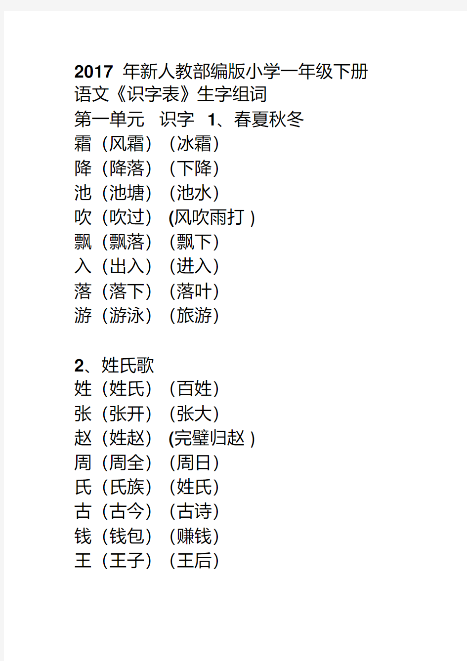 2020年部编人教版小学一年级语文下册二类字组词