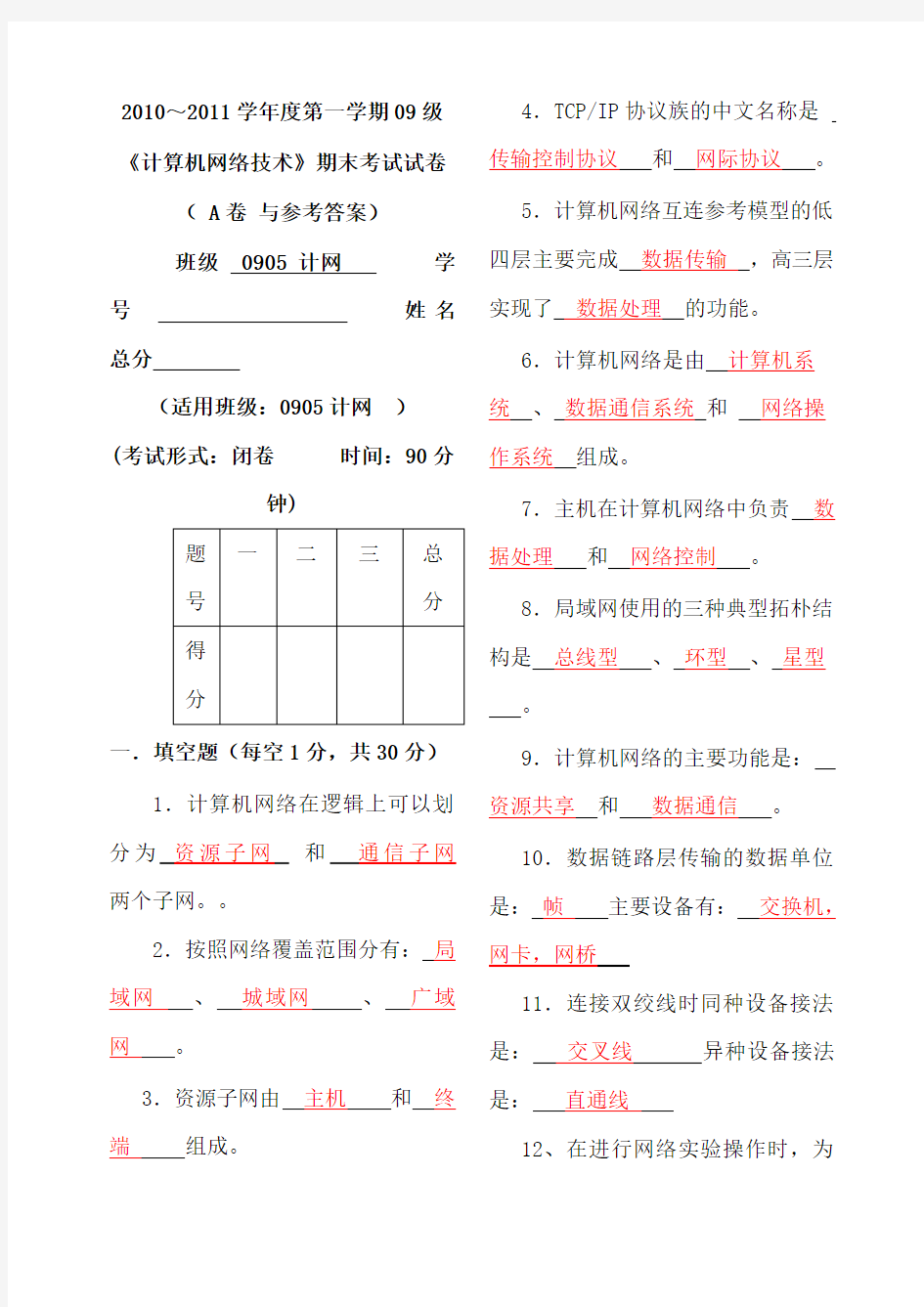 计算机网络技术期末考试试卷 A卷 与参考答案