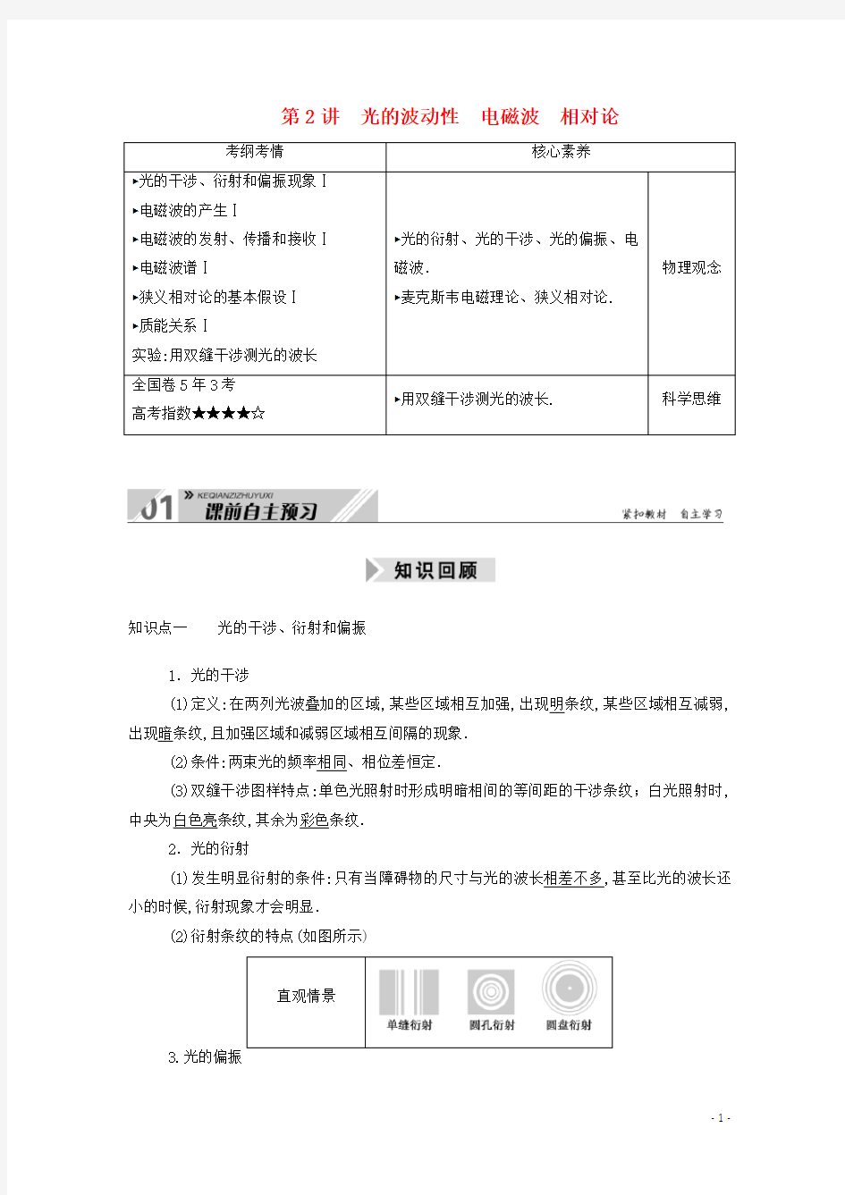 高考物理一轮复习第十五单元光学电磁波相对论第2讲光的波动性电磁波相对论学案新人教版