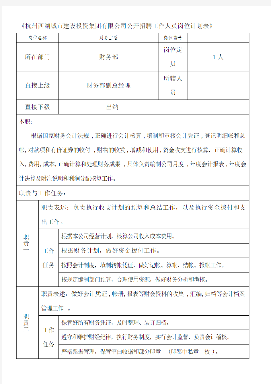 《杭州西湖城市建设投资集团有限公司公开招聘工作人员岗位[001]