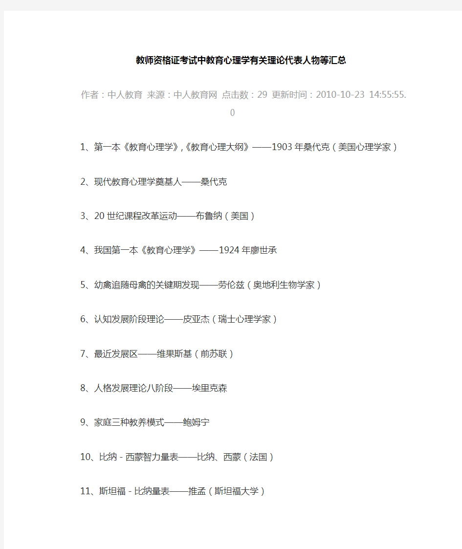 教育心理学代表人物汇总知识