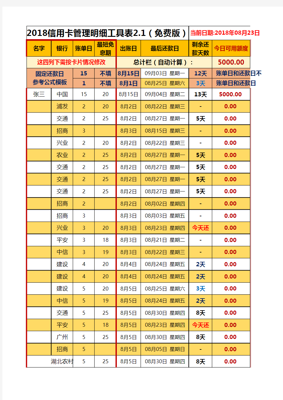 精养卡自动计算详细管理表2.1